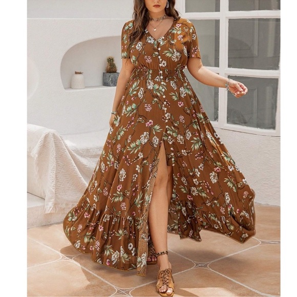 Plus Boho Floral Print Button Down Ruffle Hem Maxi Dress 1X 2X 3X 4X - Picture 1 of 4